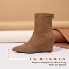 Women's Faux Suede Pointed Toe Wedge Ankle Boots, Elegant Back Zipper Elastic Ankle Boots, Minimalist Solid Color Autumn/Winter Boots - Khaki - View 5