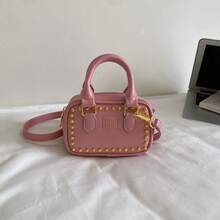 Bolso de mano mini Boston con remaches del Día Nacional, bolso pequeño cruzado con cadena, estilo vintage con letras en relieve, diseño exclusivo y exquisito - Rosa - Ver 3