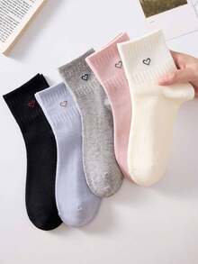 5 Pairs Women's Heart Pattern Mid-Calf Socks, White, Pink, Black, Casual Comfortable Mid-Calf Socks, College Style Student Socks, Fashionable Comfortable Suitable For Daily Wear, Spring Summer Autumn Winter All Seasons - Multicolor - View 4