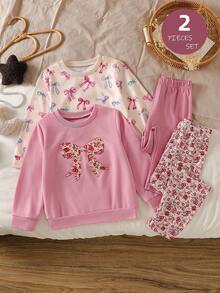 Autumn/Winter Girls Cute Casual Sequin Bow Sweatshirt + Pink Soft Elastic Long Pants Multi-Piece Set - Multicolor - View 1