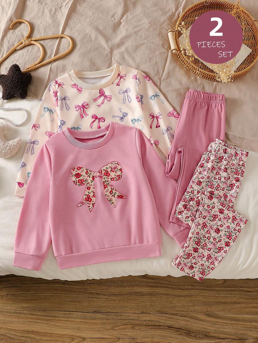 Autumn/Winter Girls Cute Casual Sequin Bow Sweatshirt + Pink Soft Elastic Long Pants Multi-Piece Set - Multicolor - View 1