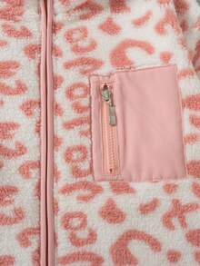 Girls' Casual Pink Leopard Print Fleece Stand Collar Jacket, Autumn/Winter - Pink - View 5