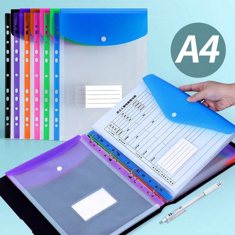 10pcs A4 Large Capacity Loose Leaf Binders, With 11-Hole Ring Binder, Made Of Modern PP Material, Expandable Button And Label Pocket, Suitable For School, Home, Office, Attendance, Travel - Portable Design, Back To School, Learning Supplies - Sets - View 1