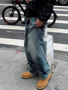 Men's Blue Loose Retro Wide Leg Jeans, Casual And Comfortable, Suitable For All Seasons - Medium Wash - View 2