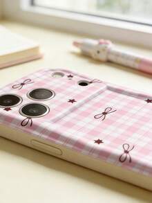 1pc Cream Dopamine Wave Ruffle Soft TPU Texture, INS Sweet Girl Pink Plaid Bow & Star Phone Case, Glossy Wave Frame Sweet Atmosphere Phone Cover Compatible With Galaxy S21 S22 S23 S24 S25 S26/Honor/ And More Models - White - View 3