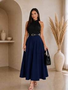 Saia Feminina Alfaiataria Rodada Moda Evangélica Elegante Rodada Com Bolso E Cinto - Azul Marinho - Visão 7