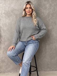 Women's Plus Size Knitwear Pullover Sweater With Drop Shoulder And Round Neck, Long Sleeve Grey Top For Fall And Winter. - Grey - View 2