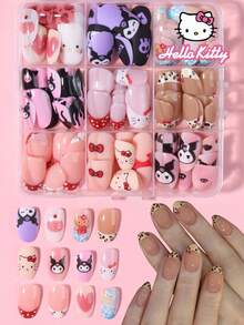 Sanrio Hello Kitty 216片(9款混色) Y2K 短橢圓法式穿戴甲，含 Hello Kitty & Kuromi 圖案、花朵、豹紋、愛心、星星、火焰、波點與海洋波浪圖案設計，適合壓克力假指甲套組，女孩日常派對使用 - 彩色 - 查看 1