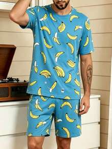 Men's Pajama Set, Round Neck, Thin, All-Over Banana Print, Short Sleeve, Shorts, 2 Pieces Set, Summer, Fun, Quirky, Fresh, Men's Loungewear - Multicolor - View 3