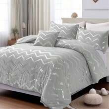 3‑4pcs Grey Comforter Bedding Set, Metallic Silver Zig‑Zag Wave Print For Contemporary Home Interior, All Season Soft Lightweight Comforter With Pillowcases, Well‑Reviewed Decor Bedding For Guest & Dorm. Room Deocr - 灰色 - 查看 6
