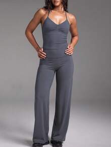 Women's 2pcs Spaghetti Strap Sports Set, Ruched Sleeveless Tank Top + High Waist Wide Leg Flare Pants, Elastic Tummy Control Yoga Outfit - Grey - View 4
