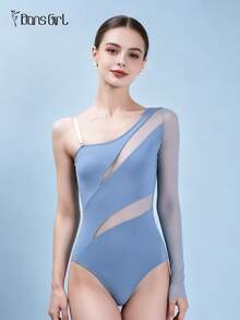 DonsGirl 1pc Women's Asymmetric One Shoulder Ballet Leotard, Mesh Patchwork High Elasticity Jumpsuit, Suitable For Yoga Practice, Stage Performance And Daily Wear - Dusty Blue - View 8