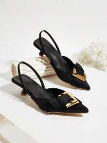 Pointed Toe Slingback Metal Buckle Women's High Heels, Versatile Pumps For Commute, Date, Party And Daily Wear - Black - View 1