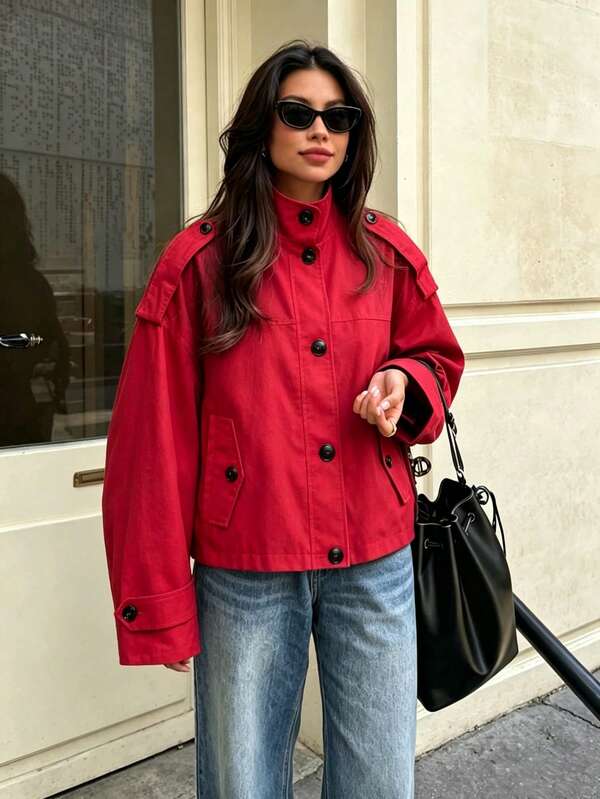 Seelio Spring/Autumn New Women's European & American Style Fashion Versatile Stand Collar Linen Jacket Red