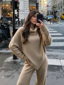 MORI Fall Winter Women Sweaters Elegant Casual Y2K Beige Rib Knit Turtleneck Asymmetrical Hem Pullover Top Wide Leg Pants Two Pieces Set - Light Oatmeal - View 3