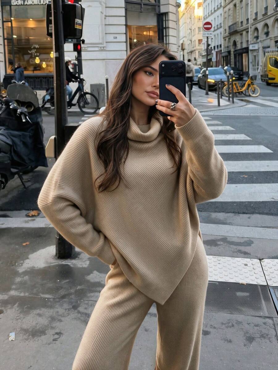 MORI Autumn/Winter Women's Sweater Set, Elegant Casual Y2K Beige Ribbed Knit High Neck Asymmetrical Hem Pullover Top With Wide Leg Pants 2 Pieces Set - Light Oatmeal - View 1