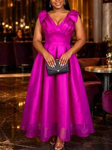 Elegant Women Fuchsia A Line Maxi Dress Deep V Neck Shoulder Bow Pleated Waist Formal Wedding Guest Evening Gown - Rose Red - View 4