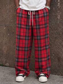 SU ER Men's Summer Casual Elastic Waist Drawstring Loose Drapey Lazy Wide Leg Plaid Curved Hem Long Pants - Red - View 1