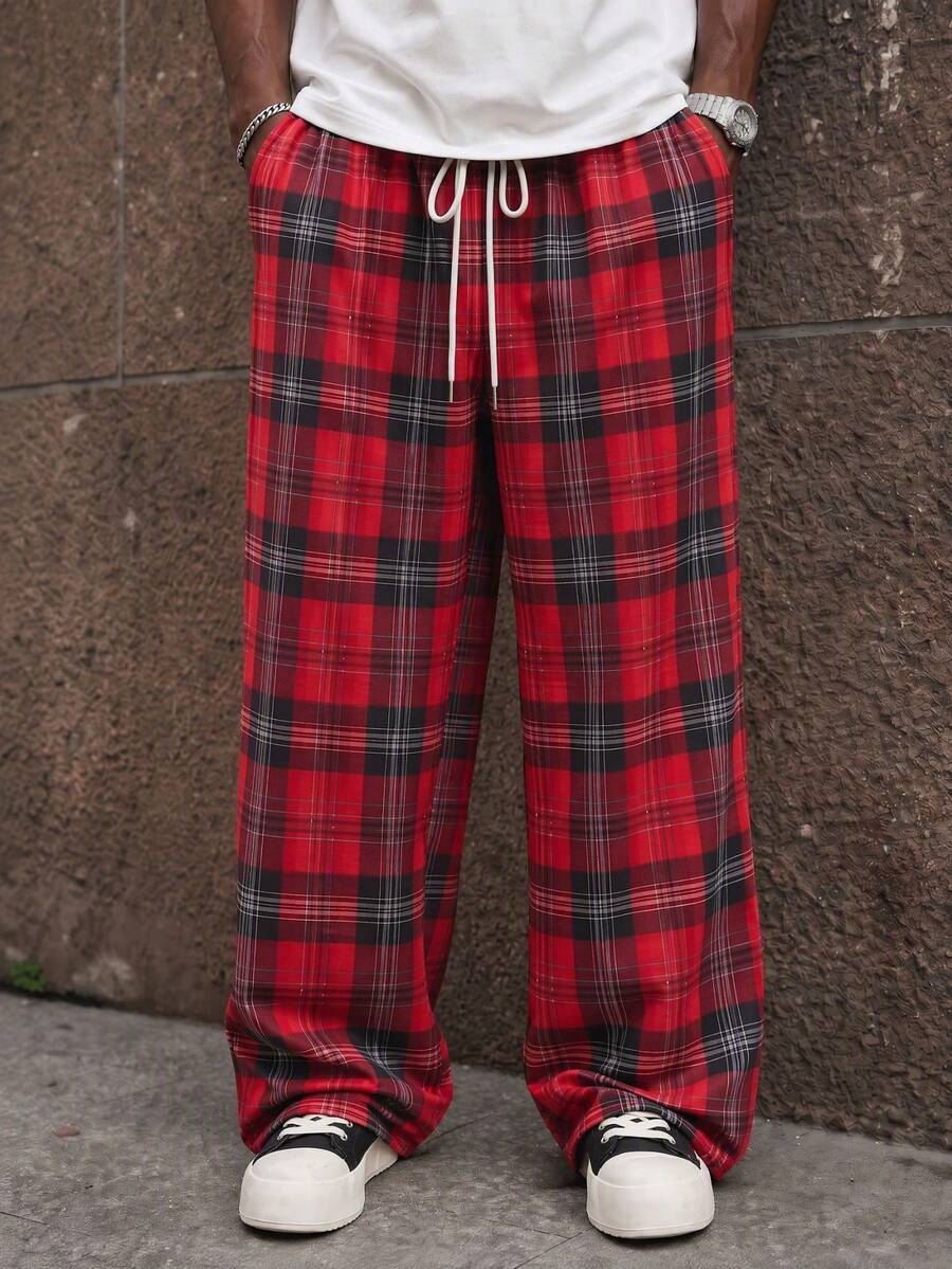 SU ER Men's Summer Casual Elastic Waist Drawstring Loose Drapey Lazy Wide Leg Plaid Curved Hem Long Pants - Red - View 1