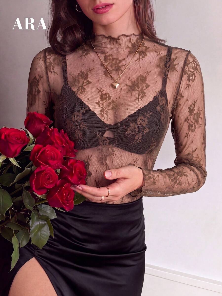 ARA CHIC 女款棕色性感彈性蕾絲長袖上衣，時尚立領透視優雅內搭 T-shirt，度假與約會穿搭