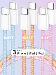 3入 3.3/6.6英呎 60W USB-C 轉 USB-C 編織彩色 Type-C 快充線，相容 iPhone 17/16/15/Pro/Max/Plus、Pro/Air、Galaxy、Android、筆記型電腦 - 彩色 - 查看 25