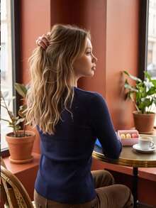 Women's Ribbed Knit V-Neck Cardigan, Contrast Trim, Long Sleeve Button Front, Suitable For Autumn/Winter Wear - Navy Blue - View 3