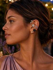 outingfit 1pc Women's Colorful Flower No-Piercing Ear Clip, Gold Leaf 3D Ear Cuff Earrings, Suitable For Wedding, Cocktail Party, Evening Banquet And Party Wear - Flower Earrings - View 1