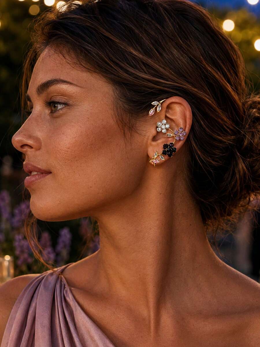 outingfit 1pc Women's Colorful Flower No-Piercing Ear Clip, Gold Leaf 3D Ear Cuff Earrings, Suitable For Wedding, Cocktail Party, Evening Banquet And Party Wear - Flower Earrings - View 1