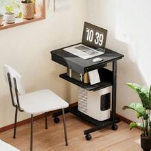 Roll-Schreibtisch Mit Schublade Und Regalen, 4 Räder, Kompakt, Spanplatte, Metall - Black - View 6