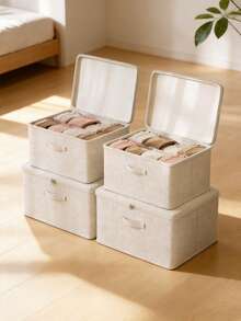 Foldable Linen Storage Box With Zipper Lid, Washable Dust-Proof Clothing Storage Bin With Handle, Collapsible Wardrobe Organizer, Suitable For Underwear, Clothing, Bedding And Miscellaneous Items - Beige - View 5