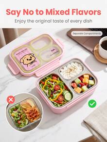 Cute Cartoon Print 3-Compartment 304 Stainless Steel Bento Box, Leak-Proof Portable Divided Lunch Box, Multi-Compartment Fresh-Keeping Meal Container For Students, Office Workers And Outdoor Use - Multicolor - View 2