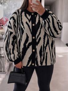 Plus Size Women's All-Over Print Casual Versatile Daily Wear Cardigan - Multicolor - View 4