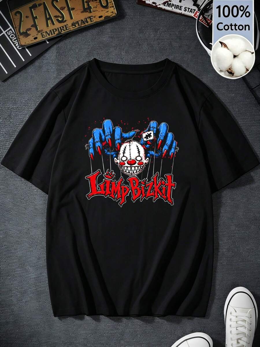 Women's Black Cotton Short-Sleeve T-Shirt, Y2K Retro Style, Limp Bizkits Clown Doll Print, Summer Clothing For Fans, Regular Fit - 黑色 - 查看 1