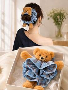 1PC Cute Plush Teddy Bear Plaid Scrunchie, Oversized Ruffle Hair Tie For Women & Girls, Sweet Kawaii Ponytail Bun Hair Accessory - Multicolor - View 4