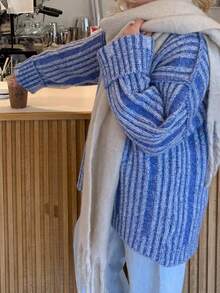 Women's Autumn/Winter Vintage Slouchy Casual Colorblock Vertical Striped Knit Sweater - Blue - View 10