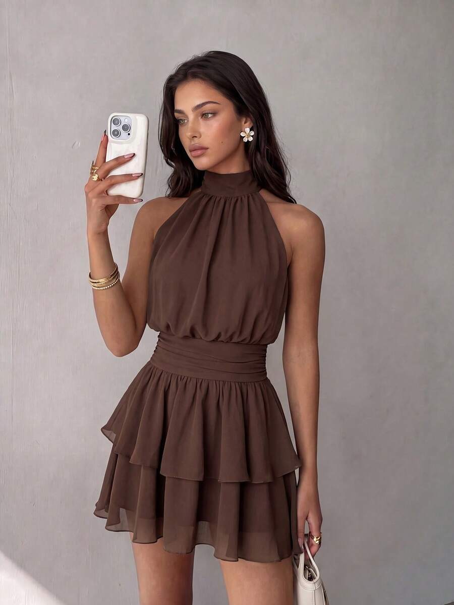 Elegant Fashion Brown Halter Neck Backless Layered Ruffle Mini Dress - Wedding Party Fall - Brown - View 1
