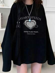 Women's Loose Fit Round Neck Fashion Casual Versatile Letter & Heart Print Long Sleeve T-Shirt, Spring/Autumn - Black - View 6