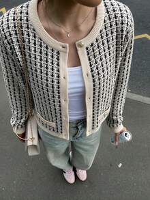 Women's Houndstooth Knit Cardigan Sweater, Crew Neck Pearl Button Contrast Trim Long Sleeve Outerwear, Elegant Commuter Casual Coat For Fall Winter - Multicolor - View 4