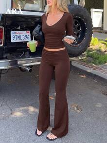 ARA Women's Autumn Brown 2 Pieces Set, V-Neck Long Sleeve Ruched Cropped Top and High-Waisted Long Sleeve Flare Pants, Back Ruched Detail Loungewear & Sportswear - Coklat - View 11