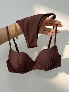 Bikinx Women's Solid Color Shell-Shaped Cup Bikini Set Spaghetti Strap Tie-Back Swimwear Vacation Summer Beach - Coffee Brown - View 1