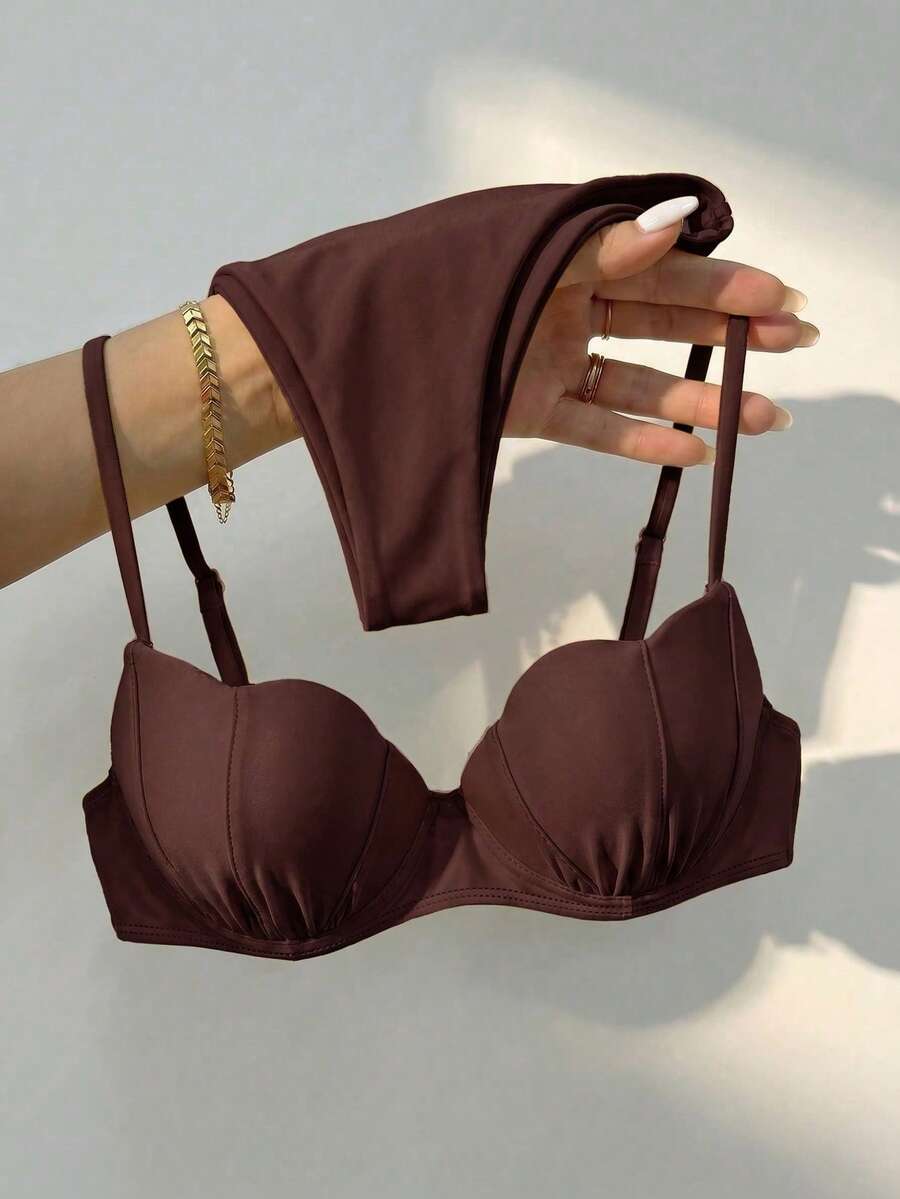 Bikinx Women's Solid Color Shell-Shaped Cup Bikini Set Spaghetti Strap Tie-Back Swimwear Vacation Summer Beach - Coffee Brown - View 1