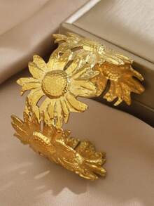 1pc Stainless Steel Fashionable Exaggerated Chunky Sunflower Bracelet Suitable For Women's Daily Wear - Yellow Gold - View 3