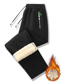 Men's Velvet Lined Straight Leg Sweatpants, Elastic Drawstring Waist With Zipper Pockets, Winter Warm Casual Pants - Black - View 2