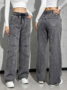 Pantalones vaqueros de piernas anchas para mujeres, pantalones ajustados con cinturón de cuerda, versión de piernas anchas, adecuados para el día a día, turismo, uso en casa - Gris - Ver 1
