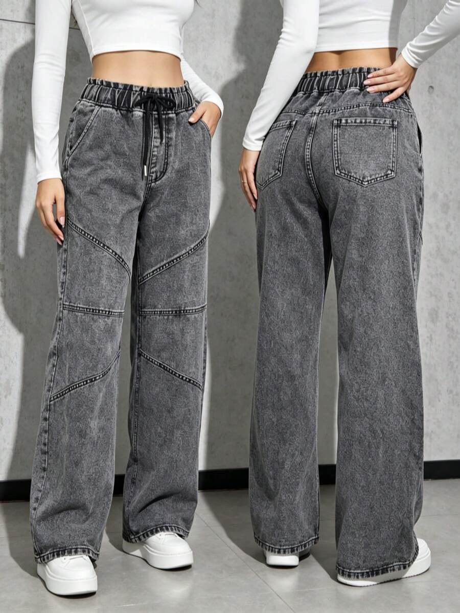 Pantalones vaqueros de piernas anchas para mujeres, pantalones ajustados con cinturón de cuerda, versión de piernas anchas, adecuados para el día a día, turismo, uso en casa - Gris - Ver 1