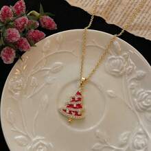 Women's Christmas Tree Jewelry Set, Gold Red Enamel Rhinestone Pendant Necklace And Hook Earrings, Holiday Party Christmas Gift - Gold - View 8