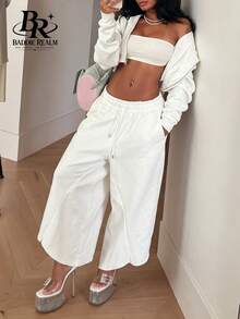 BADDIE REALM Women's 2-Piece Set Front Zipper Loose Fit Street Style Casual Basic Travel Outfit - White - View 4