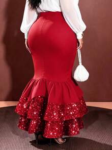 Rok Maxi Duyung Hitam Ukuran Besar, Rok Panjang Elegan dengan Payet dan Hem Berumbai, Kain Rajut Merah Musim Semi - Merah - View 2