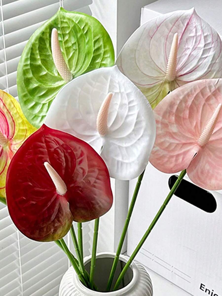 Artificial Red Anthurium Flower, DIY Wedding Bridal Party Bouquet Centerpiece Floral Arrangement, Home Office Living Room Bookshelf Decor, Gift For Plant Lovers And Homeowners - Multicolor - View 1