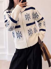 Women's Autumn/Winter Casual Minimalist Retro Pattern Zipper Cardigan Sweater Jacket - Beige - View 4
